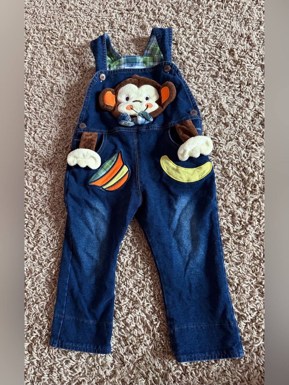 Kids Denim Monkey Overalls with 3D Plush Monkey Size 18–24 Months